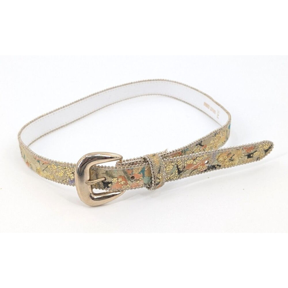 Gold Sequin Floral Bonded Leather Ball Bead Trim Dressy Funky Vintage Belt SM